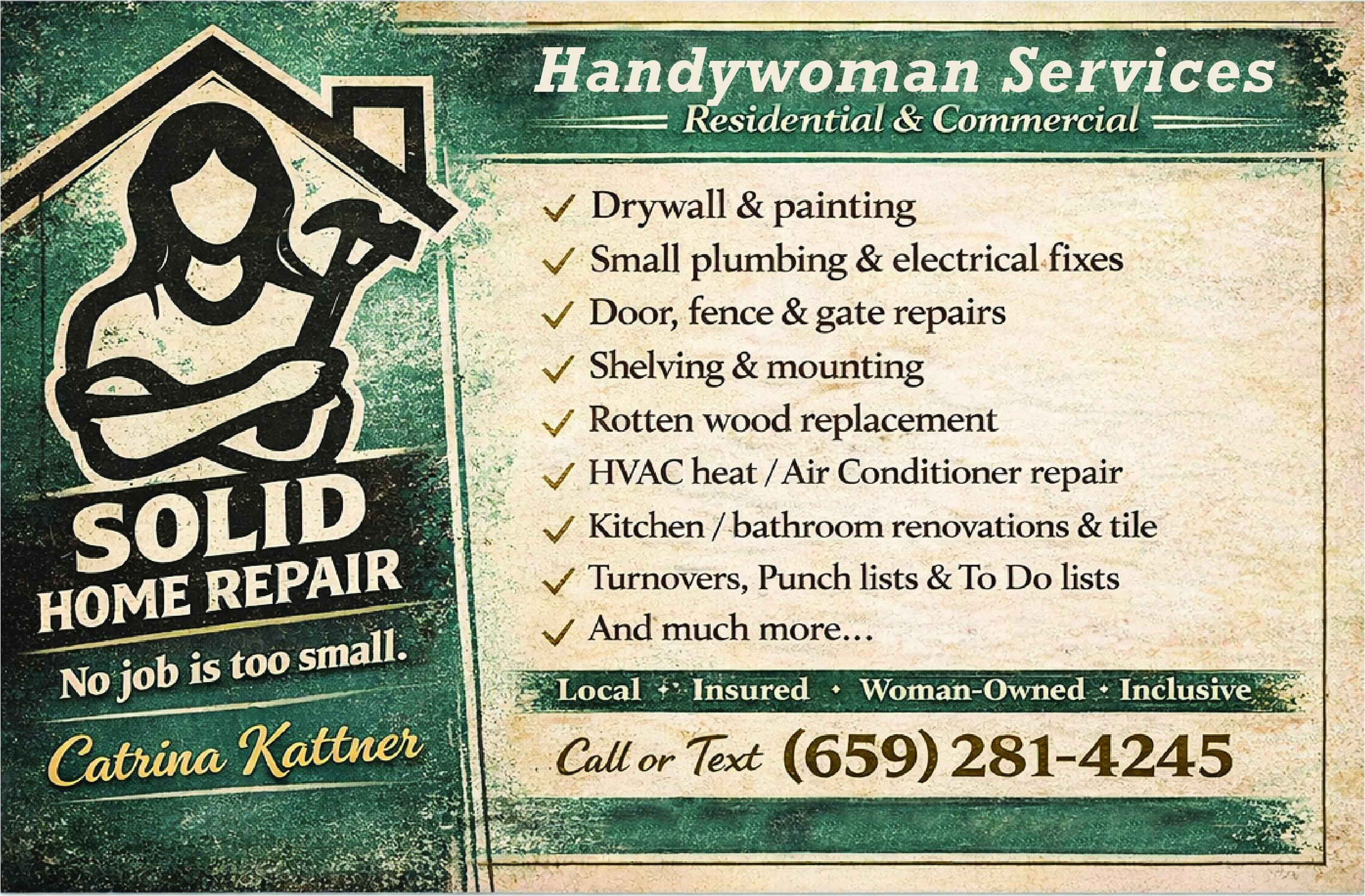 Website banner for Solid Home Repair, a woman-owned handywoman service offering residential and commercial services. The banner features a logo with a woman holding tools inside a house shape and the text “Solid Home Repair” and “No job is too small.” A services list includes: drywall and painting; small plumbing and electrical fixes; door, fence, and gate repairs; shelving and mounting; rotten wood replacement; HVAC heat and air conditioner repair; kitchen and bathroom renovations and tile; turnovers, punch lists, and to-do lists; and “and much more.” Business details include Catrina Kattner, call or text phone number 659-281-4245, website SolidHomeRepair.com, and the location Birmingham, Alabama. The banner emphasizes that the business is local, insured, woman-owned, and inclusive.